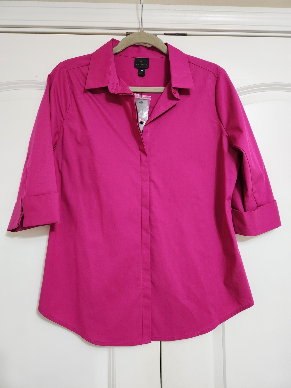 Worthington Fuchsia Three-Quarter Sleeve Button-Down Shirt